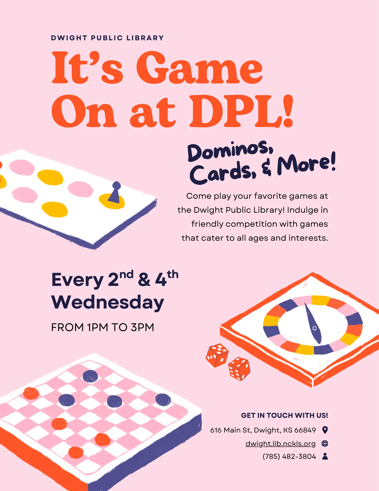 Game night every 2nd and 4th Wednesday from 1 to 3 pm